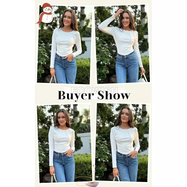 ECOWISH Womens Crop Tops Shirt Long Sleeve Crewneck Slim Fit Ribbed Knit Basic Tee ShirtsWhite