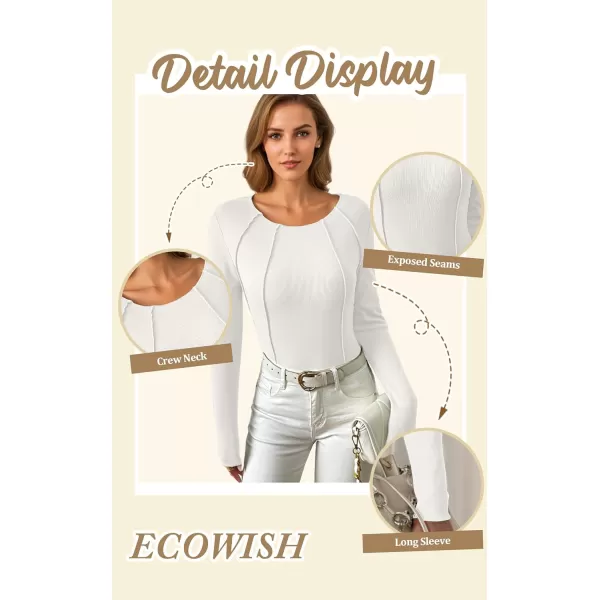 ECOWISH Womens Crop Tops Shirt Long Sleeve Crewneck Slim Fit Ribbed Knit Basic Tee ShirtsWhite