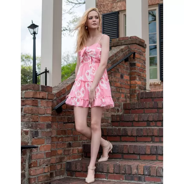 ECOWISH Womens Dresses Floral Spaghetti Strap Tie Knot Front Flowy Pleated Mini Swing DressPink