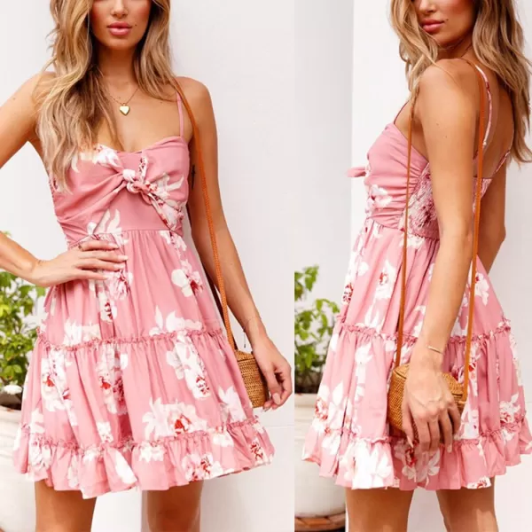 ECOWISH Womens Dresses Floral Spaghetti Strap Tie Knot Front Flowy Pleated Mini Swing DressPink