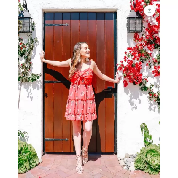 ECOWISH Womens Dresses Floral Spaghetti Strap Tie Knot Front Flowy Pleated Mini Swing DressRed