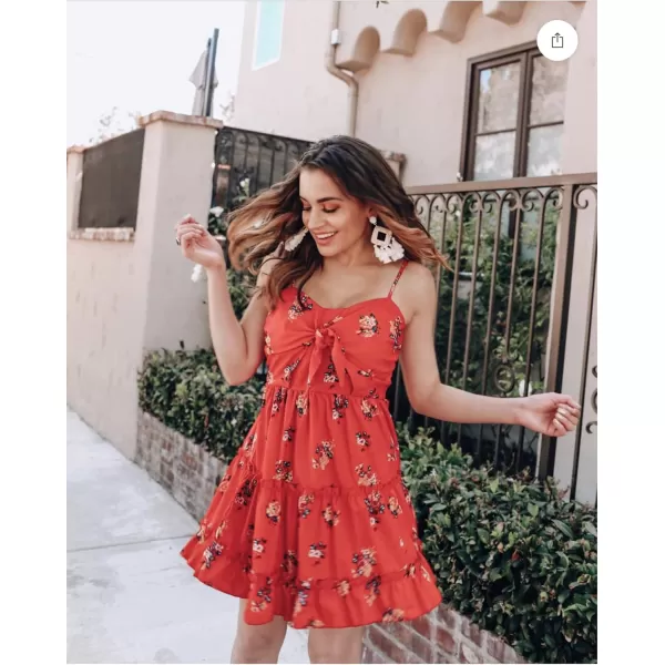 ECOWISH Womens Dresses Floral Spaghetti Strap Tie Knot Front Flowy Pleated Mini Swing DressRed