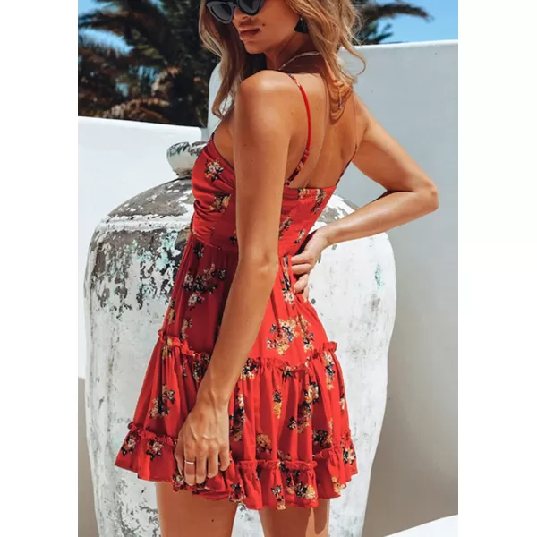 ECOWISH Womens Dresses Floral Spaghetti Strap Tie Knot Front Flowy Pleated Mini Swing DressRed