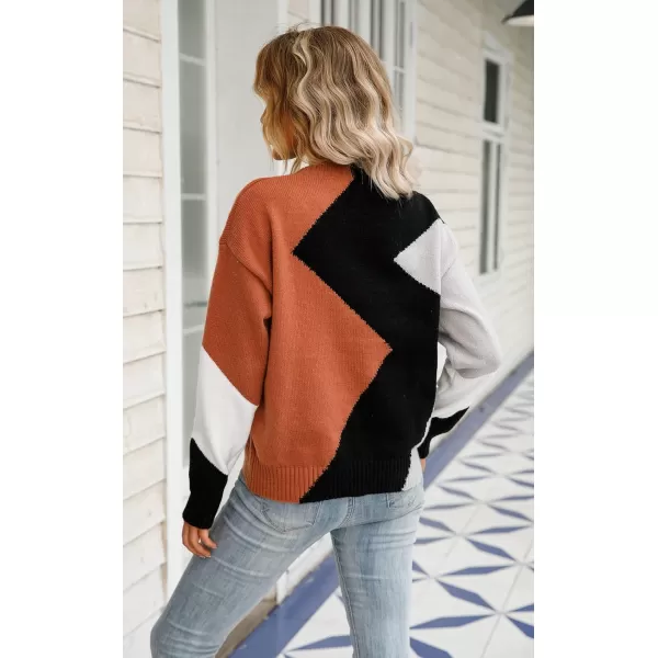 ECOWISH Womens Fall Sweater 2024  Long Sleeve Color Block Patchwork Round Neck Pullover Knit Tops Cute Casual Sweaters312 Black Brown