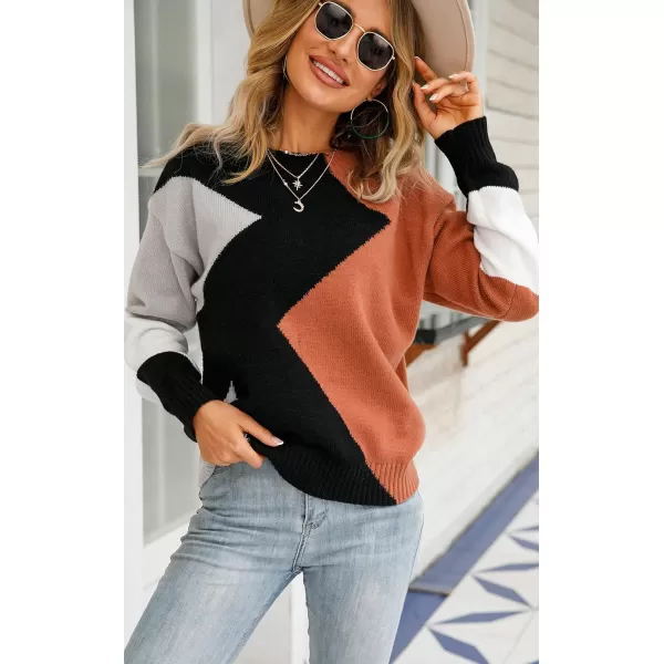 ECOWISH Womens Fall Sweater 2024  Long Sleeve Color Block Patchwork Round Neck Pullover Knit Tops Cute Casual Sweaters312 Black Brown