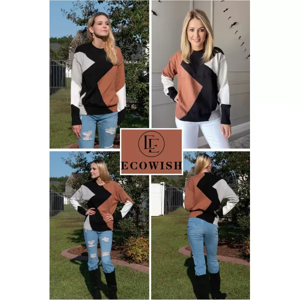 ECOWISH Womens Fall Sweater 2024  Long Sleeve Color Block Patchwork Round Neck Pullover Knit Tops Cute Casual Sweaters312 Black Brown