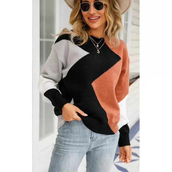 ECOWISH Womens Fall Sweater 2024  Long Sleeve Color Block Patchwork Round Neck Pullover Knit Tops Cute Casual Sweaters312 Black Brown