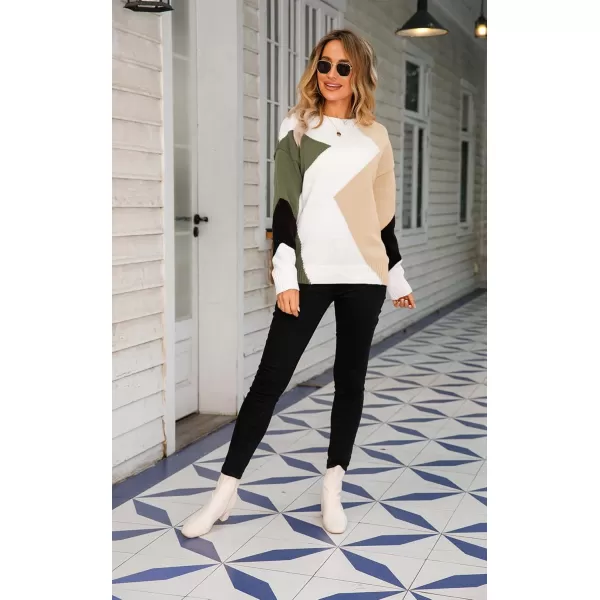 ECOWISH Womens Fall Sweater 2024  Long Sleeve Color Block Patchwork Round Neck Pullover Knit Tops Cute Casual Sweaters312 White Beige