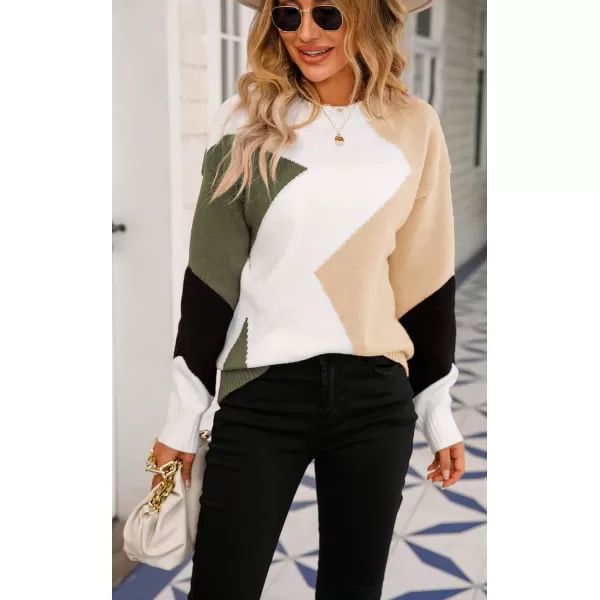 ECOWISH Womens Fall Sweater 2024  Long Sleeve Color Block Patchwork Round Neck Pullover Knit Tops Cute Casual Sweaters312 White Beige