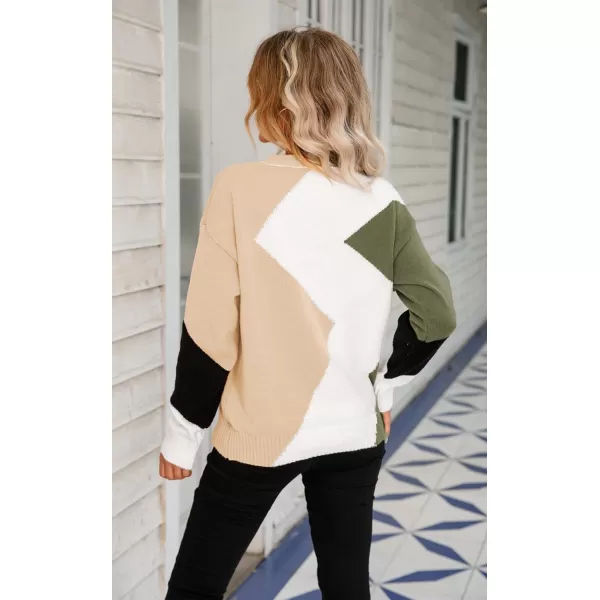 ECOWISH Womens Fall Sweater 2024  Long Sleeve Color Block Patchwork Round Neck Pullover Knit Tops Cute Casual Sweaters312 White Beige