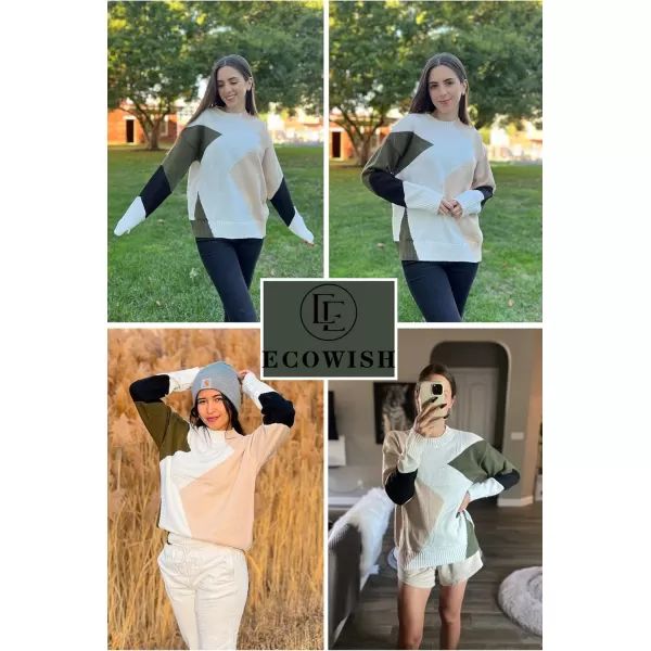 ECOWISH Womens Fall Sweater 2024  Long Sleeve Color Block Patchwork Round Neck Pullover Knit Tops Cute Casual Sweaters312 White Beige