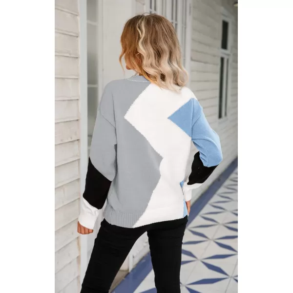 ECOWISH Womens Fall Sweater 2024  Long Sleeve Color Block Patchwork Round Neck Pullover Knit Tops Cute Casual Sweaters312 White Gray