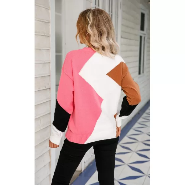 ECOWISH Womens Fall Sweater 2024  Long Sleeve Color Block Patchwork Round Neck Pullover Knit Tops Cute Casual Sweaters312 White Pink