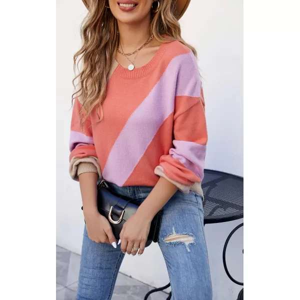 ECOWISH Womens Fall Sweater 2024  Long Sleeve Color Block Patchwork Round Neck Pullover Knit Tops Cute Casual Sweaters363 Camel