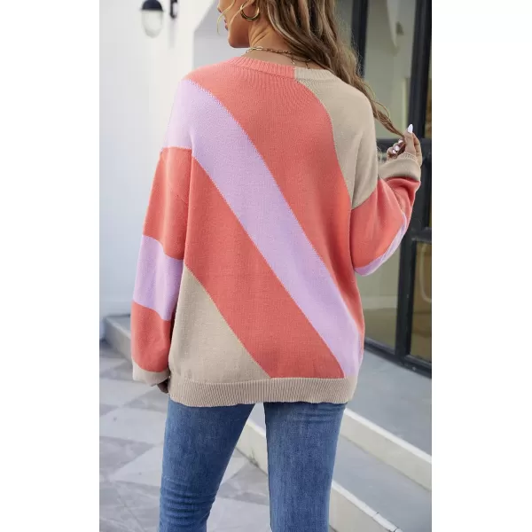 ECOWISH Womens Fall Sweater 2024  Long Sleeve Color Block Patchwork Round Neck Pullover Knit Tops Cute Casual Sweaters363 Camel