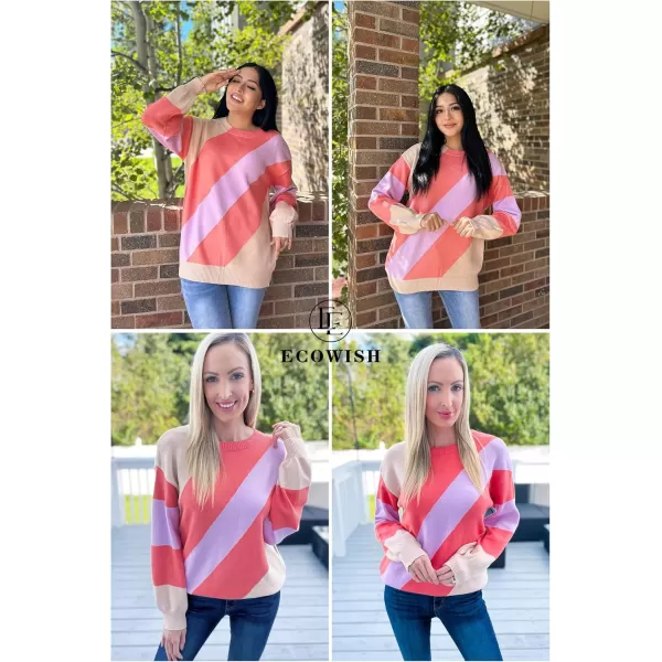 ECOWISH Womens Fall Sweater 2024  Long Sleeve Color Block Patchwork Round Neck Pullover Knit Tops Cute Casual Sweaters363 Camel