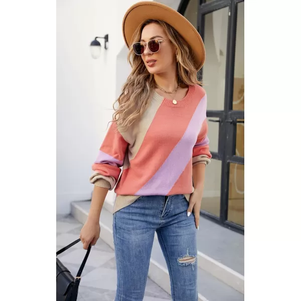 ECOWISH Womens Fall Sweater 2024  Long Sleeve Color Block Patchwork Round Neck Pullover Knit Tops Cute Casual Sweaters363 Camel