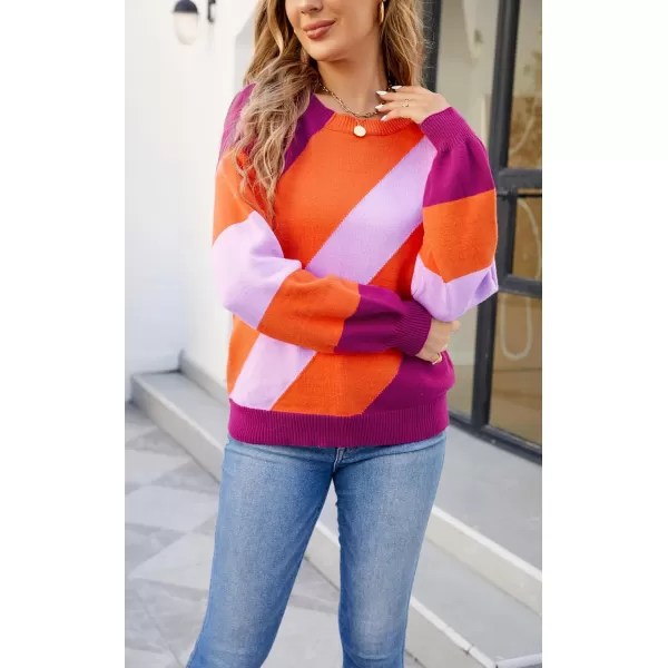 ECOWISH Womens Fall Sweater 2024  Long Sleeve Color Block Patchwork Round Neck Pullover Knit Tops Cute Casual Sweaters363 Rose Pink