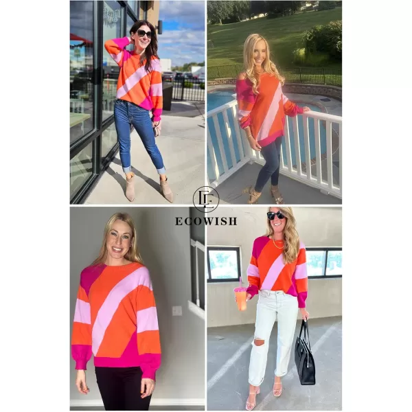 ECOWISH Womens Fall Sweater 2024  Long Sleeve Color Block Patchwork Round Neck Pullover Knit Tops Cute Casual Sweaters363 Rose Pink