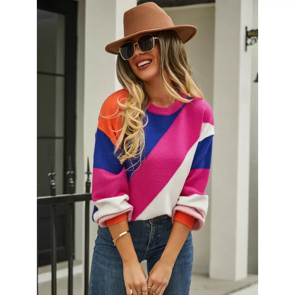 ECOWISH Womens Fall Sweater 2024  Long Sleeve Color Block Patchwork Round Neck Pullover Knit Tops Cute Casual Sweaters364 Hot Pink