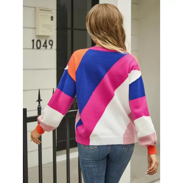 ECOWISH Womens Fall Sweater 2024  Long Sleeve Color Block Patchwork Round Neck Pullover Knit Tops Cute Casual Sweaters364 Hot Pink