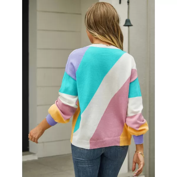 ECOWISH Womens Fall Sweater 2024  Long Sleeve Color Block Patchwork Round Neck Pullover Knit Tops Cute Casual Sweaters364 Light Green