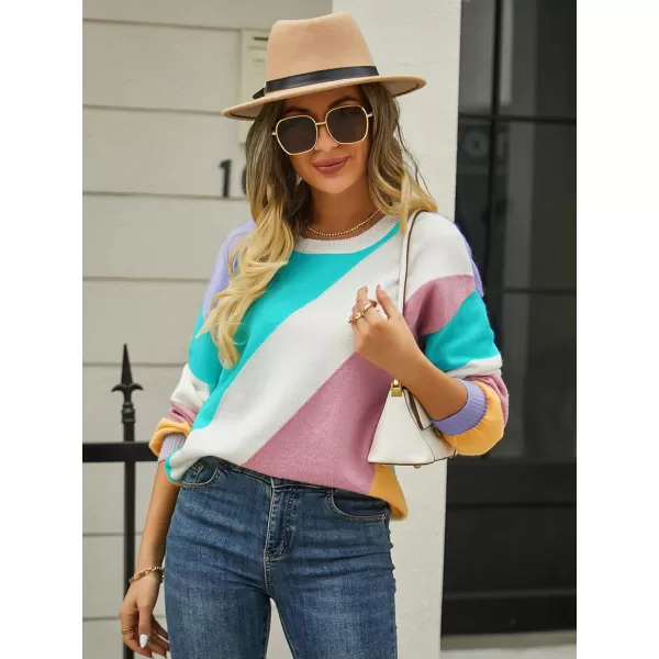 ECOWISH Womens Fall Sweater 2024  Long Sleeve Color Block Patchwork Round Neck Pullover Knit Tops Cute Casual Sweaters364 Light Green