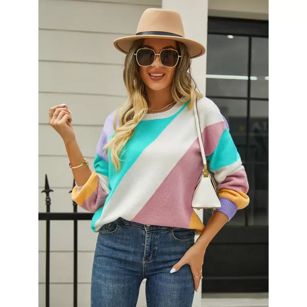 ECOWISH Womens Fall Sweater 2024  Long Sleeve Color Block Patchwork Round Neck Pullover Knit Tops Cute Casual Sweaters364 Light Green