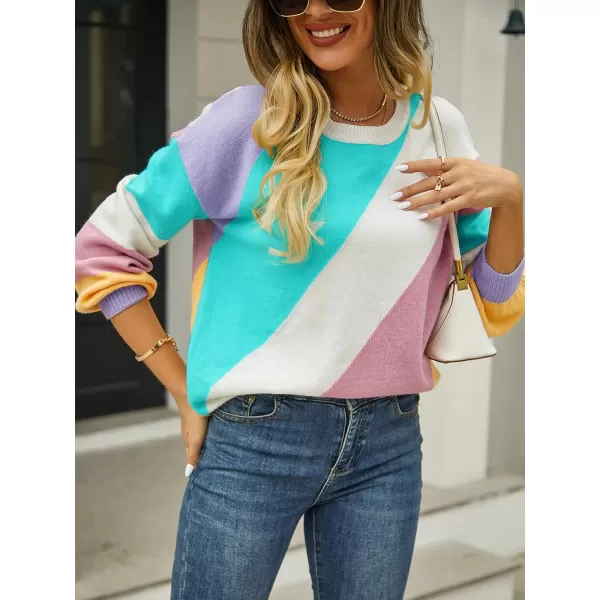 ECOWISH Womens Fall Sweater 2024  Long Sleeve Color Block Patchwork Round Neck Pullover Knit Tops Cute Casual Sweaters364 Light Green