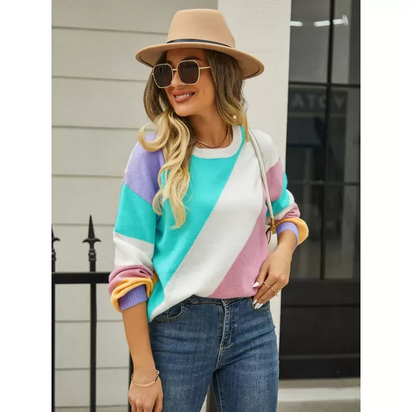 ECOWISH Womens Fall Sweater 2024  Long Sleeve Color Block Patchwork Round Neck Pullover Knit Tops Cute Casual Sweaters364 Light Green