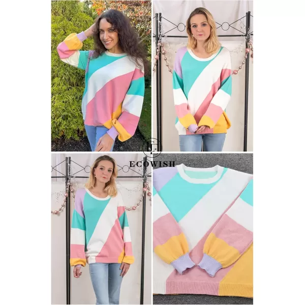 ECOWISH Womens Fall Sweater 2024  Long Sleeve Color Block Patchwork Round Neck Pullover Knit Tops Cute Casual Sweaters364 Light Green