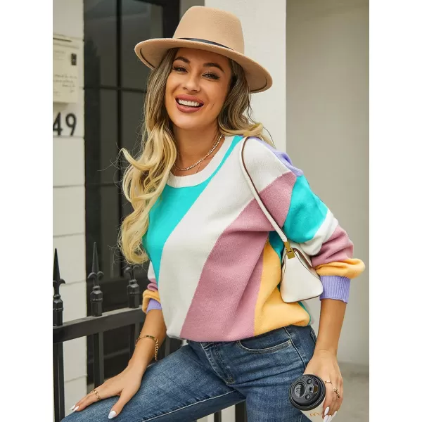 ECOWISH Womens Fall Sweater 2024  Long Sleeve Color Block Patchwork Round Neck Pullover Knit Tops Cute Casual Sweaters364 Light Green