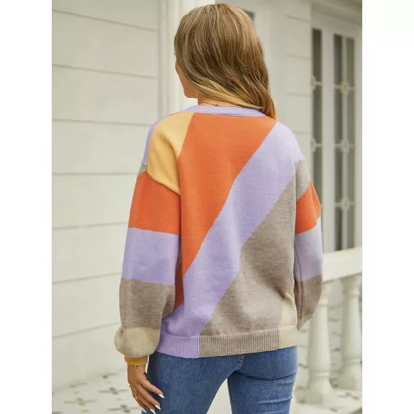 ECOWISH Womens Fall Sweater 2024  Long Sleeve Color Block Patchwork Round Neck Pullover Knit Tops Cute Casual Sweaters364 Orange