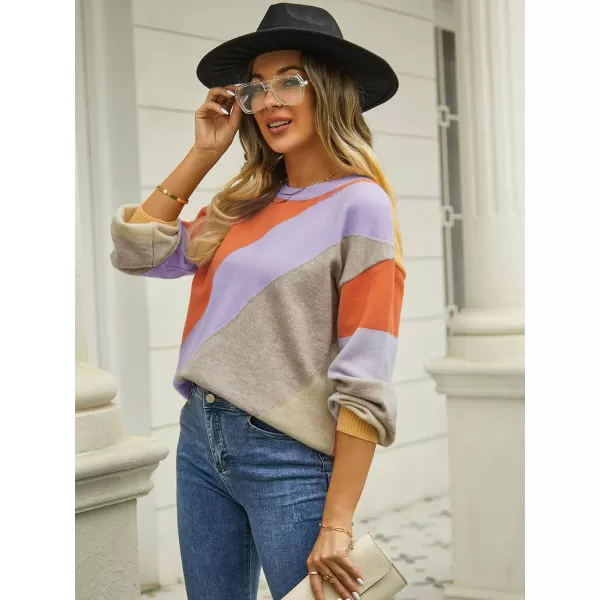 ECOWISH Womens Fall Sweater 2024  Long Sleeve Color Block Patchwork Round Neck Pullover Knit Tops Cute Casual Sweaters364 Orange