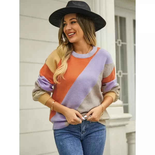 ECOWISH Womens Fall Sweater 2024  Long Sleeve Color Block Patchwork Round Neck Pullover Knit Tops Cute Casual Sweaters364 Orange