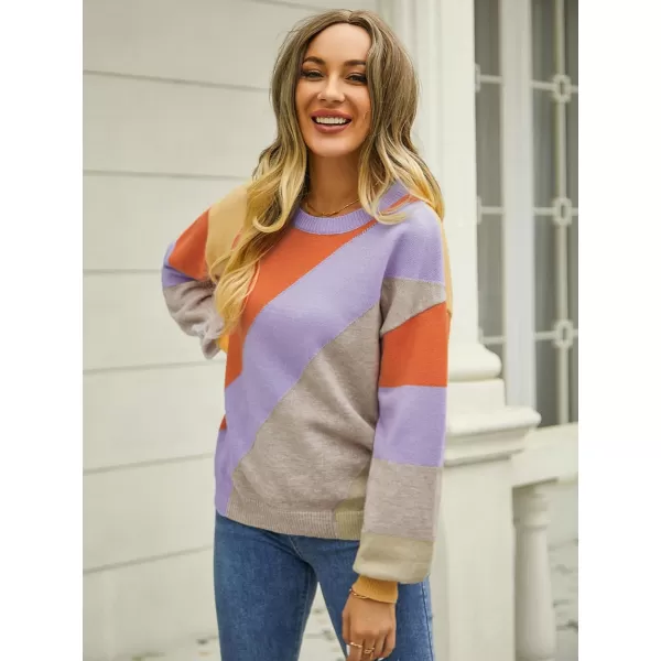 ECOWISH Womens Fall Sweater 2024  Long Sleeve Color Block Patchwork Round Neck Pullover Knit Tops Cute Casual Sweaters364 Orange