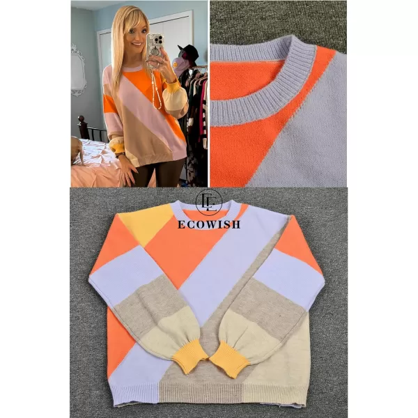 ECOWISH Womens Fall Sweater 2024  Long Sleeve Color Block Patchwork Round Neck Pullover Knit Tops Cute Casual Sweaters364 Orange