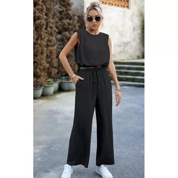 ECOWISH Womens Jumpsuits 2024 Two Piece Summer Sets 2 Piece Outfits for Women Tank Crop Tops Palazzo Pants SetBlack