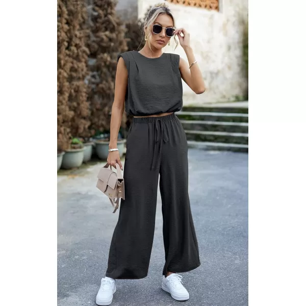 ECOWISH Womens Jumpsuits 2024 Two Piece Summer Sets 2 Piece Outfits for Women Tank Crop Tops Palazzo Pants SetBlack