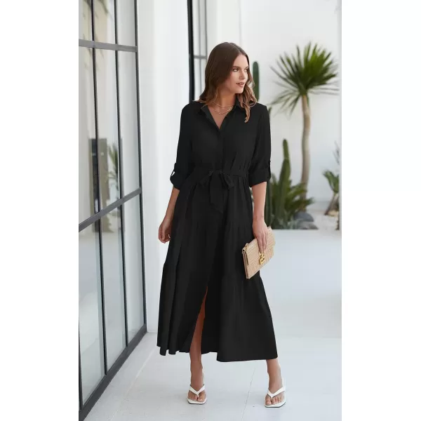 ECOWISH Womens Maxi Shirt Dress  2024 Long Sleeve Button Casual Fall Aline Work Tiered Dresses with Belt and PocketsBlack