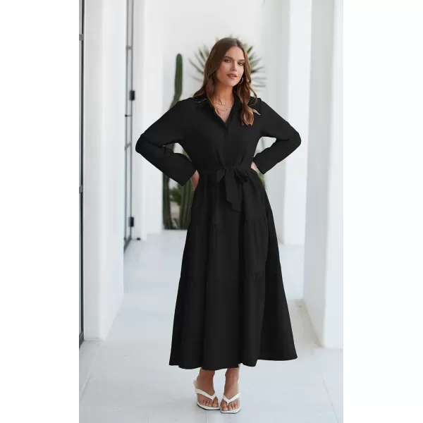 ECOWISH Womens Maxi Shirt Dress  2024 Long Sleeve Button Casual Fall Aline Work Tiered Dresses with Belt and PocketsBlack