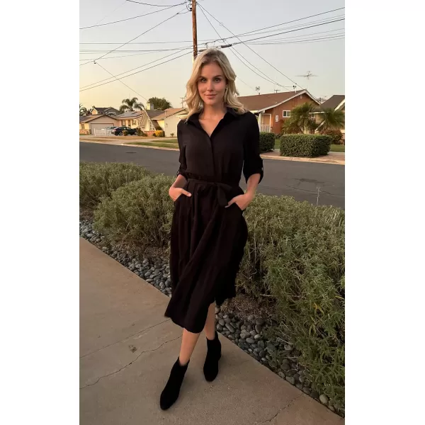 ECOWISH Womens Maxi Shirt Dress  2024 Long Sleeve Button Casual Fall Aline Work Tiered Dresses with Belt and PocketsBlack