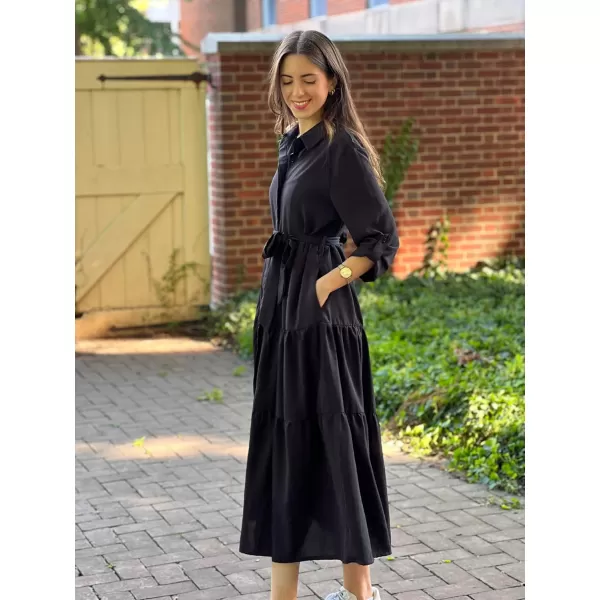 ECOWISH Womens Maxi Shirt Dress  2024 Long Sleeve Button Casual Fall Aline Work Tiered Dresses with Belt and PocketsBlack