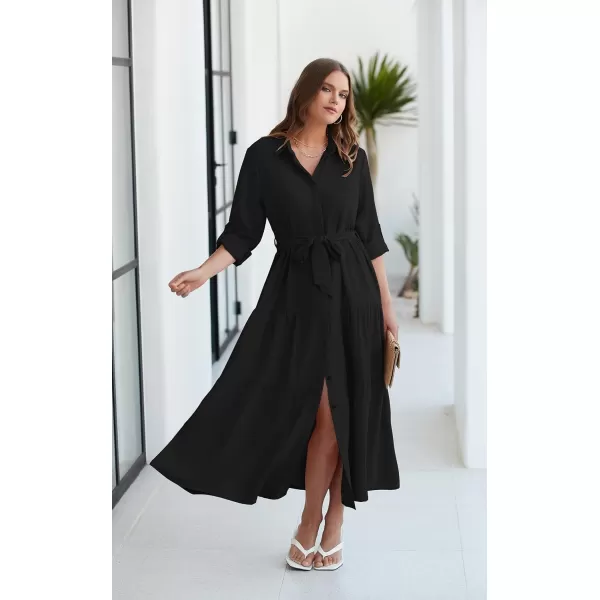 ECOWISH Womens Maxi Shirt Dress  2024 Long Sleeve Button Casual Fall Aline Work Tiered Dresses with Belt and PocketsBlack