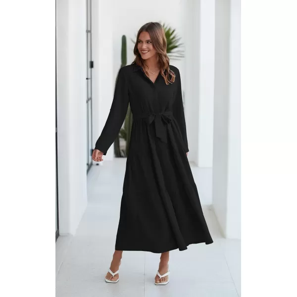 ECOWISH Womens Maxi Shirt Dress  2024 Long Sleeve Button Casual Fall Aline Work Tiered Dresses with Belt and PocketsBlack