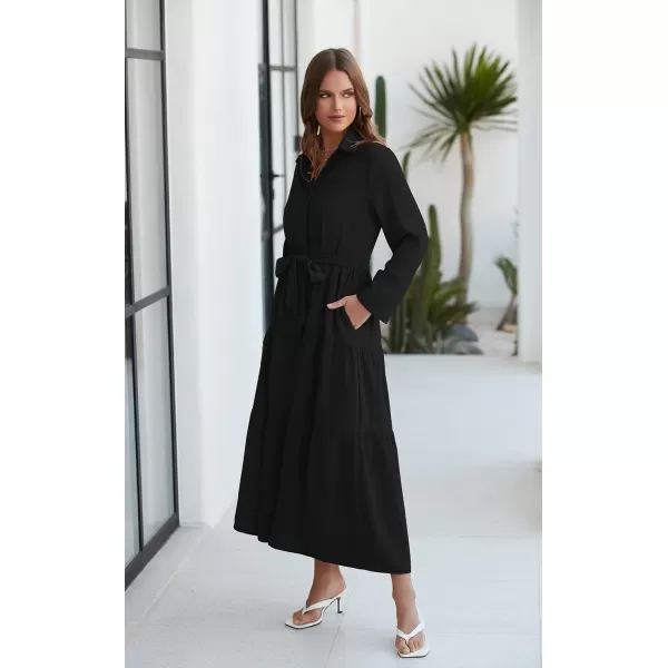 ECOWISH Womens Maxi Shirt Dress  2024 Long Sleeve Button Casual Fall Aline Work Tiered Dresses with Belt and PocketsBlack