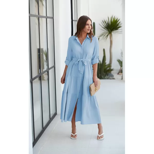 ECOWISH Womens Maxi Shirt Dress  2024 Long Sleeve Button Casual Fall Aline Work Tiered Dresses with Belt and PocketsBlue