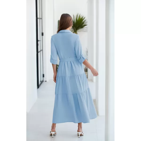 ECOWISH Womens Maxi Shirt Dress  2024 Long Sleeve Button Casual Fall Aline Work Tiered Dresses with Belt and PocketsBlue