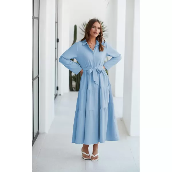 ECOWISH Womens Maxi Shirt Dress  2024 Long Sleeve Button Casual Fall Aline Work Tiered Dresses with Belt and PocketsBlue