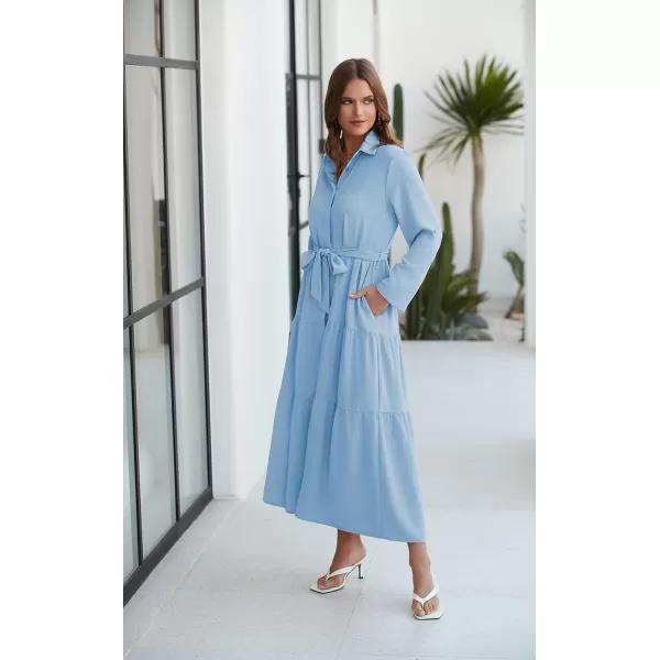 ECOWISH Womens Maxi Shirt Dress  2024 Long Sleeve Button Casual Fall Aline Work Tiered Dresses with Belt and PocketsBlue